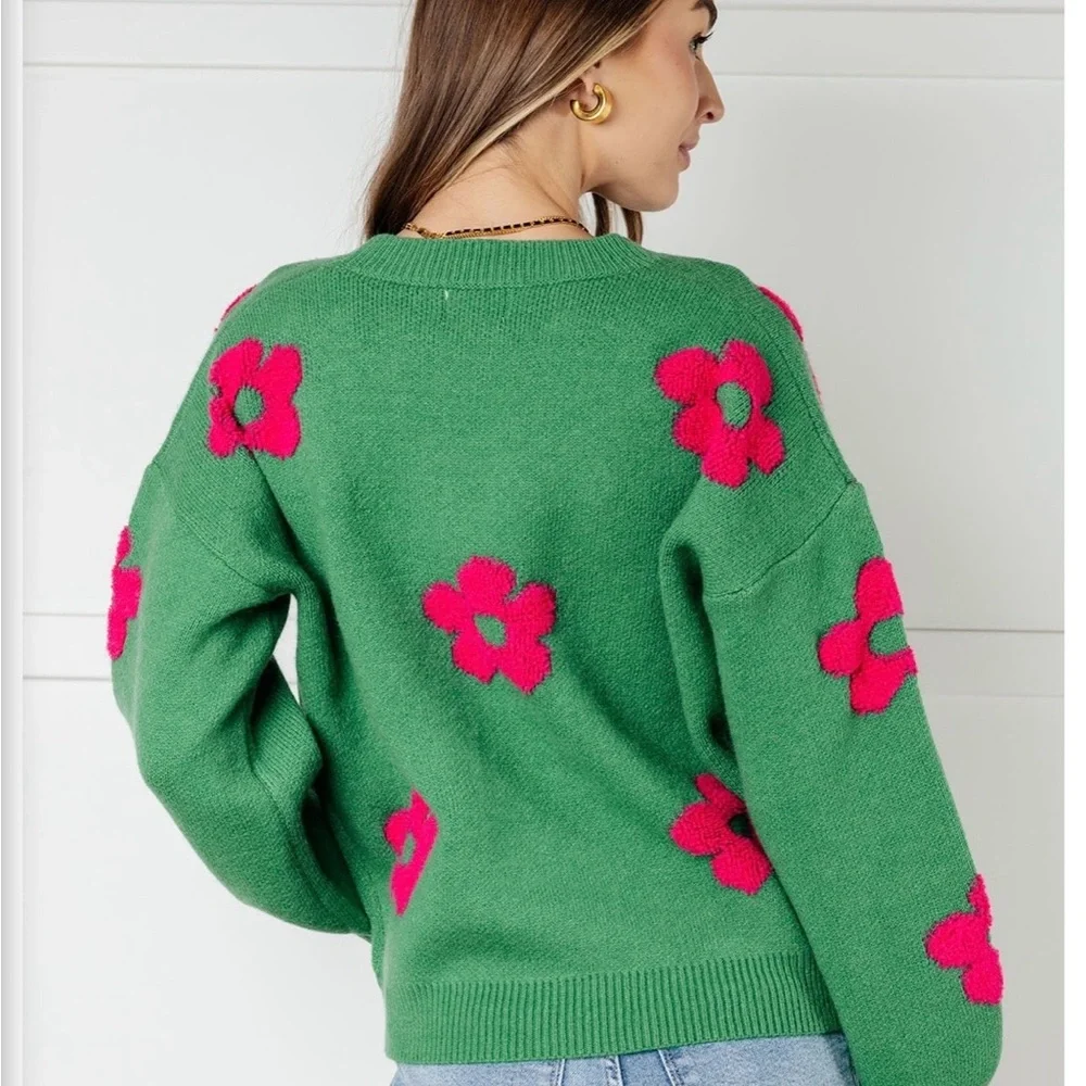 BiBi Green Sweater with Pink Floral Design - Picture 9 of 9